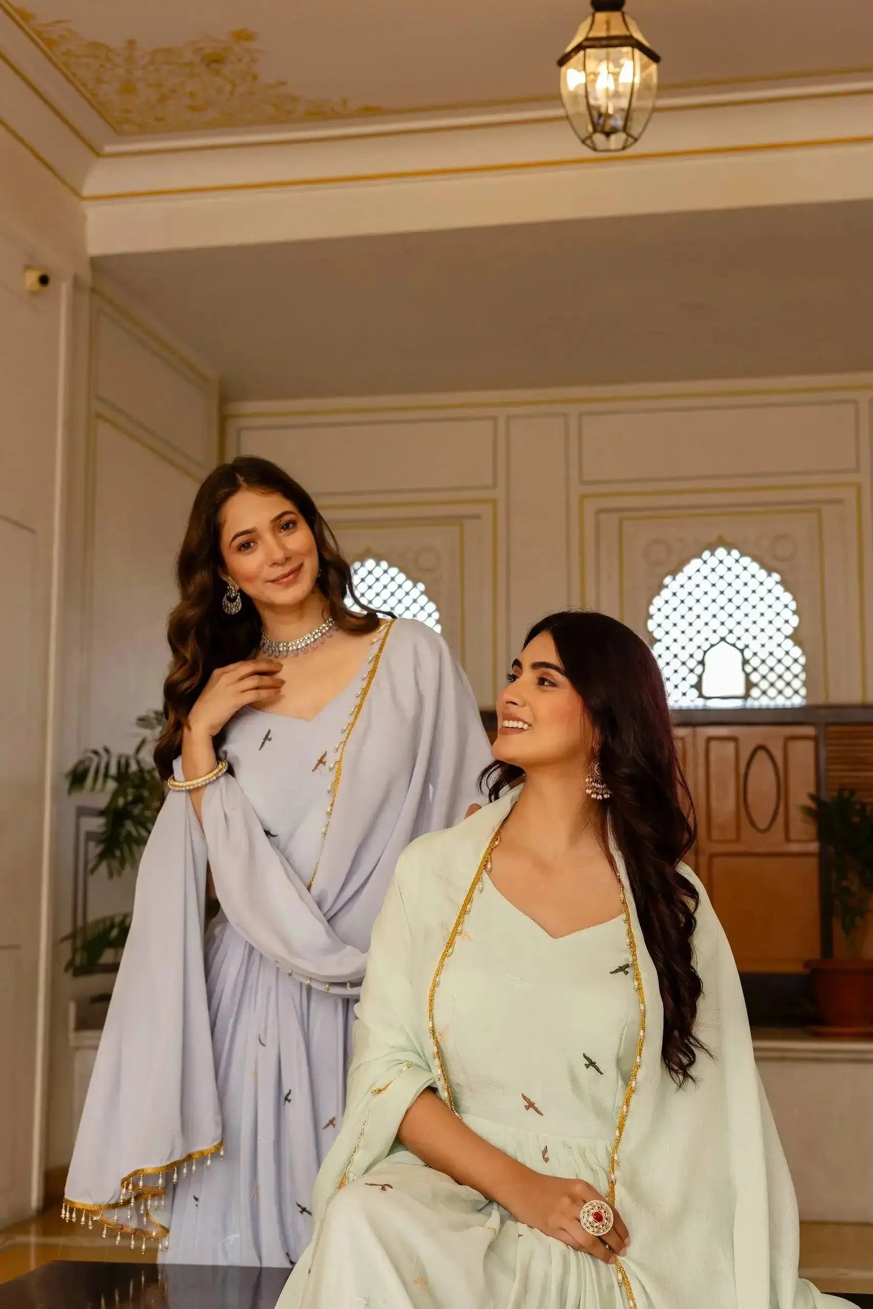 Pastel Pistachio Green and Blue Anarkali Suit duo – KU214 | Kalyanja